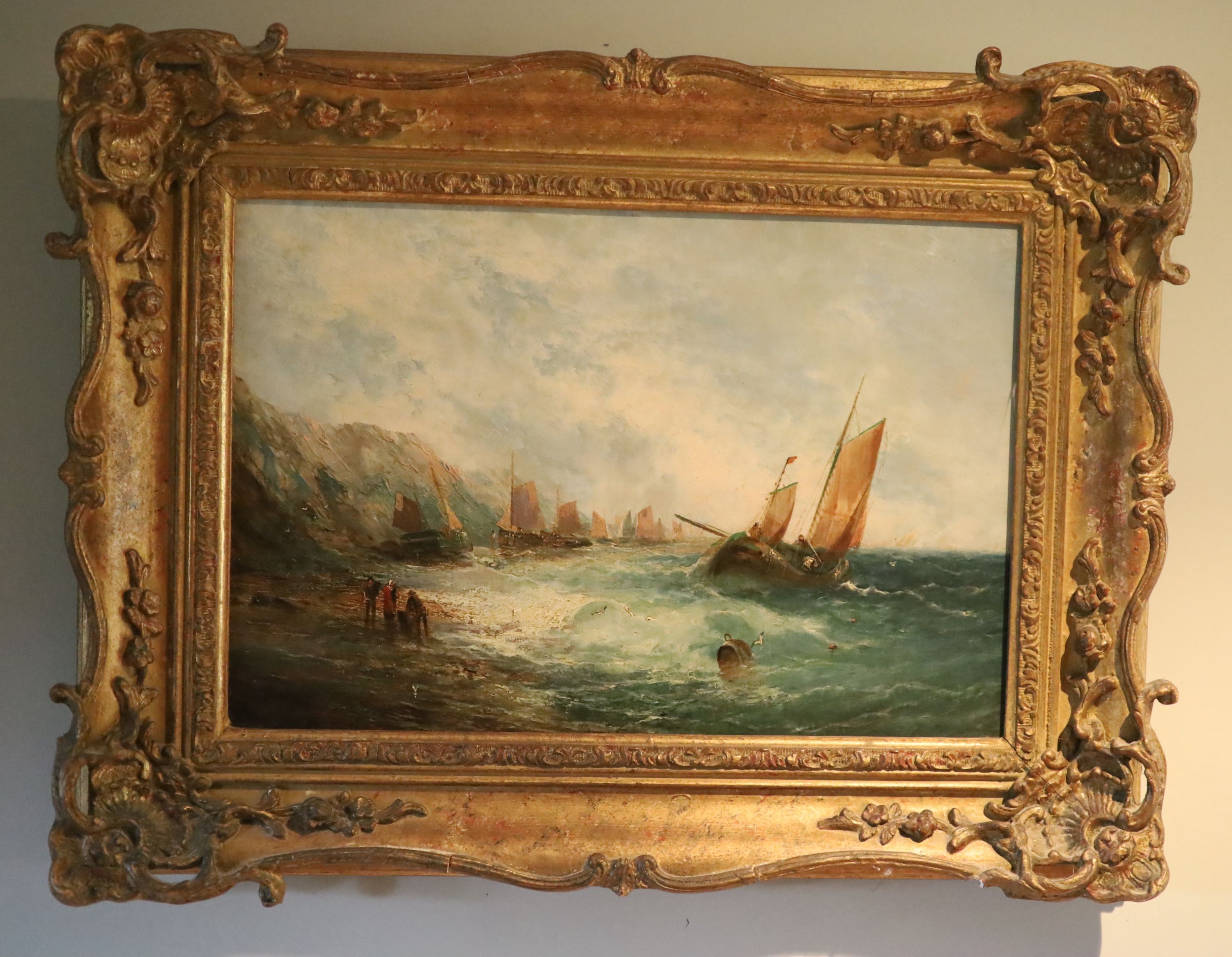 19th century English School, oil on canvas, Fishing boats along the coast, indistinctly signed, 26 x 39cm